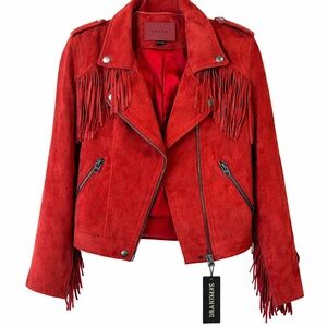 BLANKNYC Red 100% Leather Fringe Moto Jacket Western Size S NWT